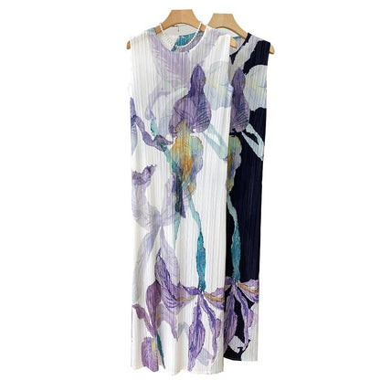 Summer New Miyake Pleated Women's Dress Sexy Print Long Dress Large Size Loose Sleeveless Undershirt Party Dress