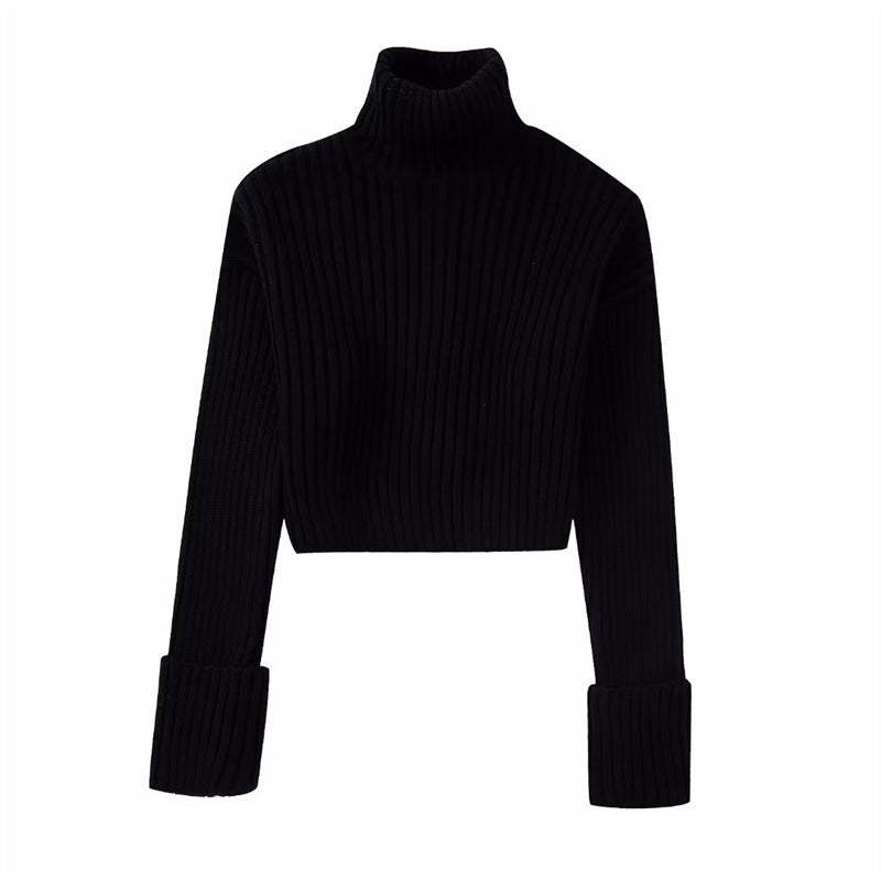 Winter New Fashion Elegant High Collar Long Sleeve Solid Short Knitwear