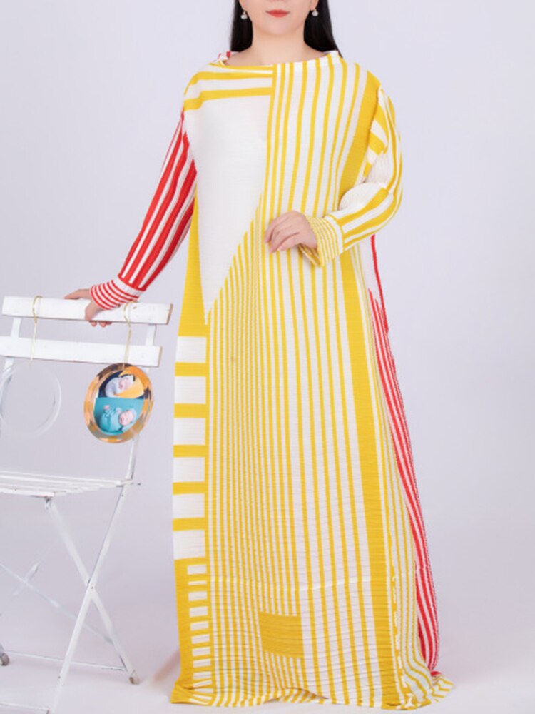 Pleated Striped Print Dress Loose Elegant Full Sleeve O Neck Birthday Party Dresses  Spring Summer New Fashion 15G6889