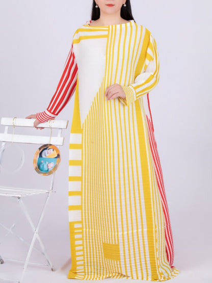 Pleated Striped Print Dress Loose Elegant Full Sleeve O Neck Birthday Party Dresses  Spring Summer New Fashion 15G6889