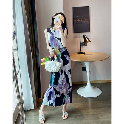 Summer New Miyake Pleated Women's Dress Sexy Print Long Dress Large Size Loose Sleeveless Undershirt Party Dress