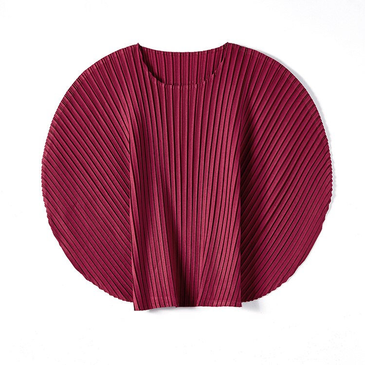 Pleated Two Piece Set For Women Round Collar Batwing Sleeve Solid Color Tops Elastic Waist Skirt