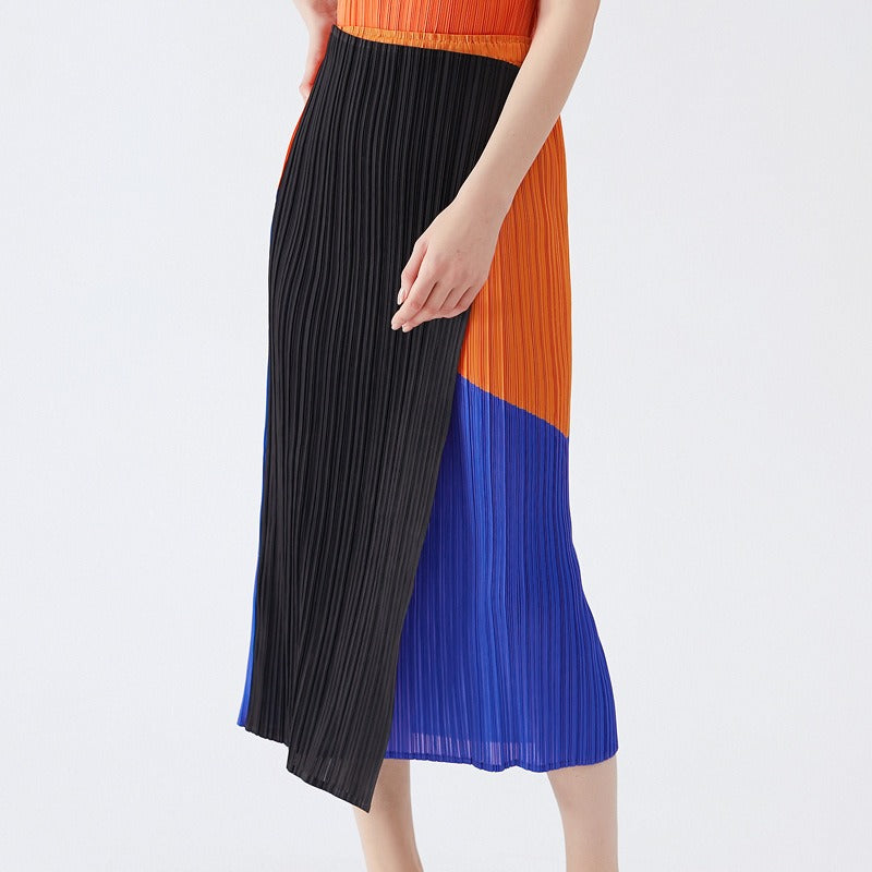 Pleated Skirts Autumn Hit Atchwork Color Long Skirt High Waist One Button Skirt Women Aesthetic Clothes