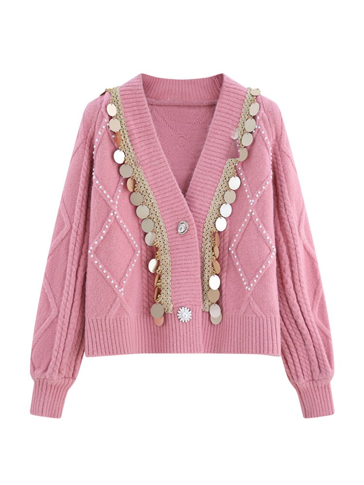 Knitting Pullovers Sweater Patchwork Rhinestone Loose Fit V neck Long Sleeve Women New Fashion Autumn