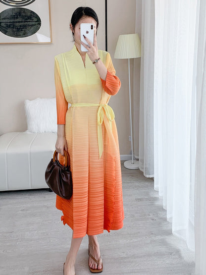 Women Gradient Pleated Dress V Neck Belt Spring Summer New Loose Patchwork Elegant Lady Casual