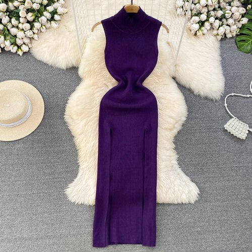 Knitted Stand Collar Women Dresses Sleeveless Vintage Summer Sexy Vestidos Korean Fashion High Waist Long Dress