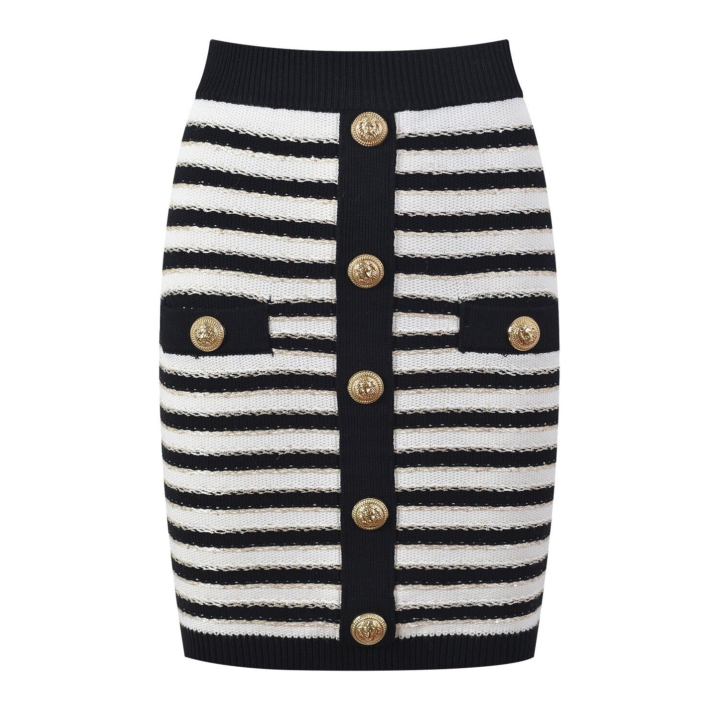 French Stylish O-neck Casual Short Sleeve Striped Gold Thread Knitted Sweater Skinny 2PCS Skirt Sets