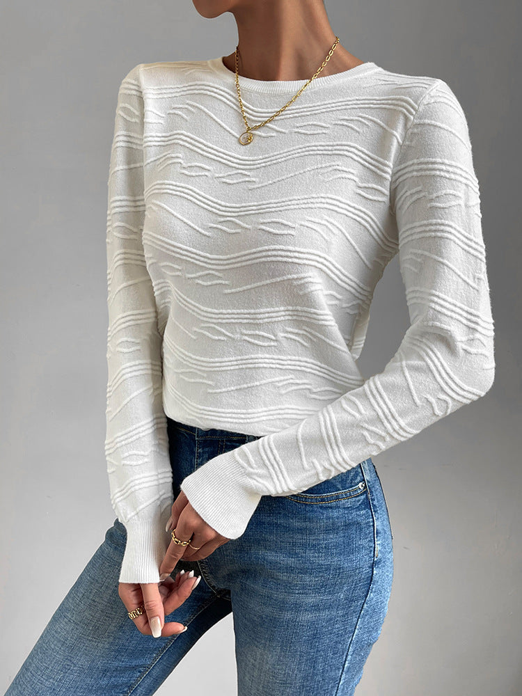 Autumn And Winter Women's White Thin Bottoming Shirt Jacquard With Thin Top Knitwear