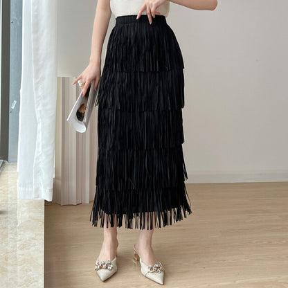 Summer New Retro Style Fringe Women's Half Skirt Miyake Pleated Loose Fashion Elastic Waist Pure Color Pleated Skirt