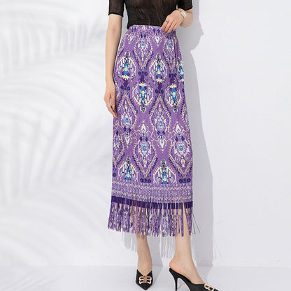 Miyake Tassel Printed Skirt Women's New Fashion Temperament Versatile Large Size Elastic Waist High-end Long A-line Skirt