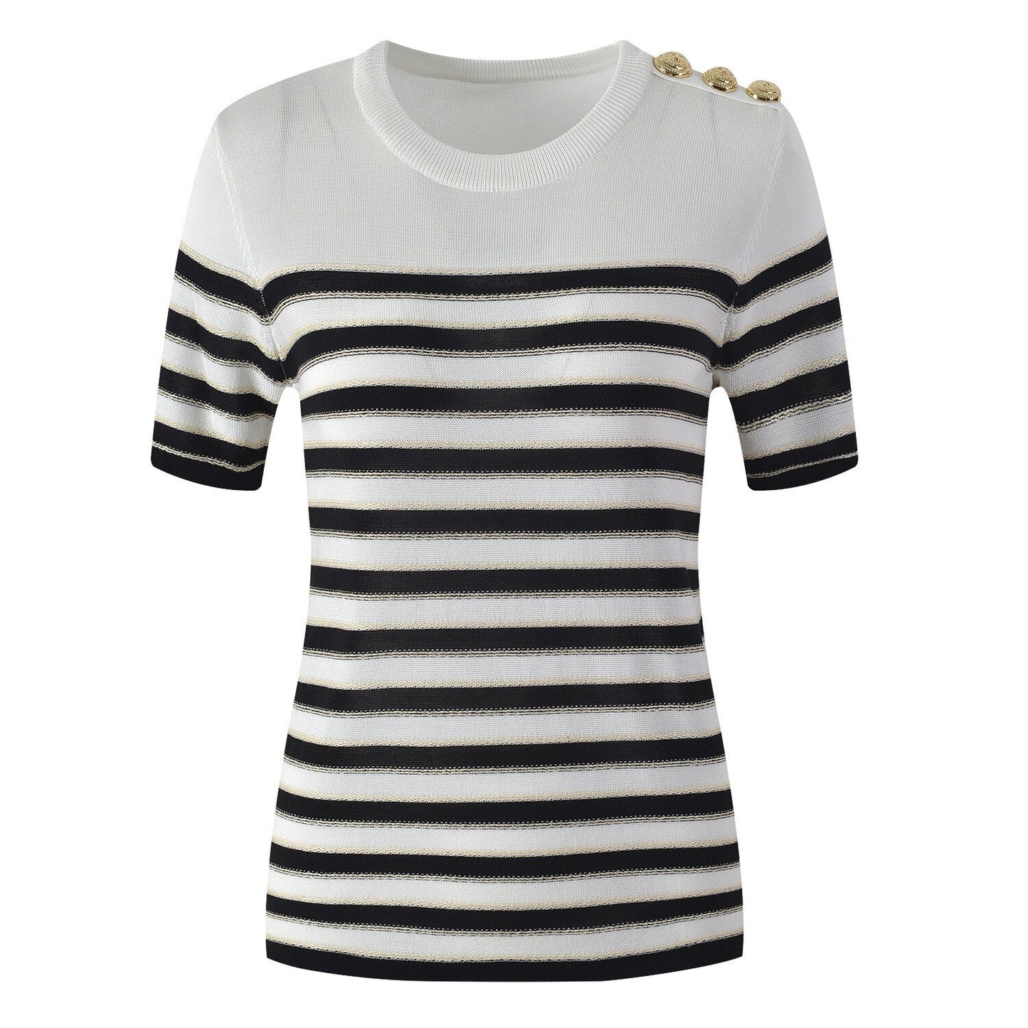 French Stylish O-neck Casual Short Sleeve Striped Gold Thread Knitted Sweater Skinny 2PCS Skirt Sets