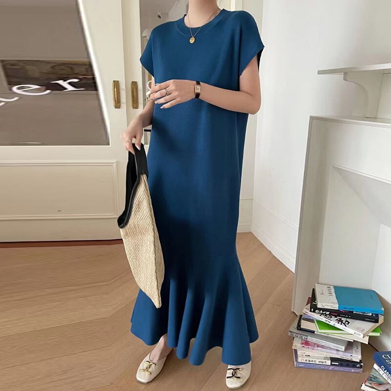 [EWQ] Women Fashion Trumpet Knit Dress O-neck Loose Causal Knitting Short Sleeve Dresses Summer New Tide Vestidos 16Y9116