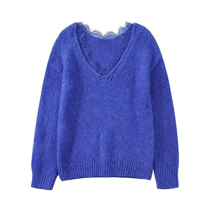 Autumn Fashion Lace Collar Knitted Sweater New O-Neck Pullover Tops Long Sleeve Casual Soft Streetwear