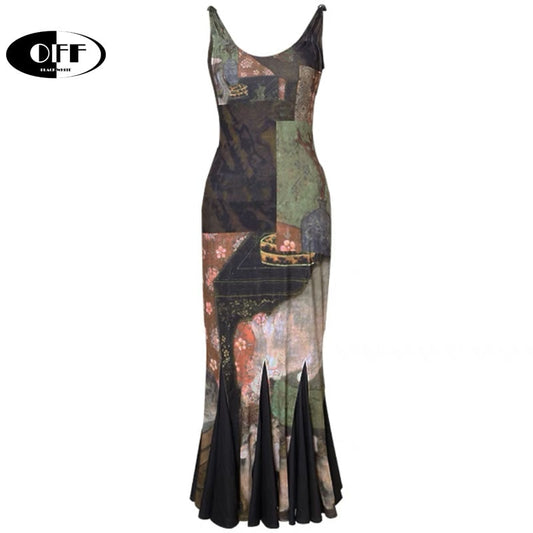 OFF designer aesthetic vintage print mermaid dresses for women summer slim bodycon tank lady dress holiday beach party vestidos