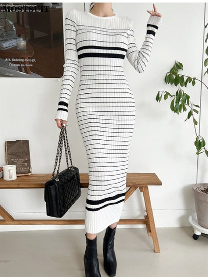 Korean Slim Striped Knitted Sweater Dress Women Full Sleeve O-neck Pencil Long Maxi Dresses Casual Elegant Chic Ladies Vestidos