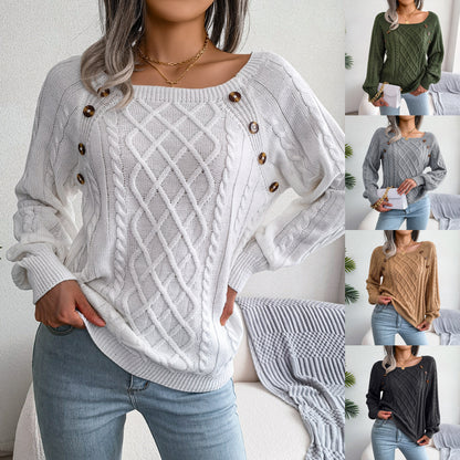 Autumn And Winter Casual Square Collar Nail Button Twist Knit Pullover Sweater