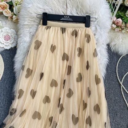 Elastic Waist Peach Heart Love Printed Mesh Pleated Skirt High Waist A-Line Large Swing Yarn Skirt Mid Length Half Length Skirt