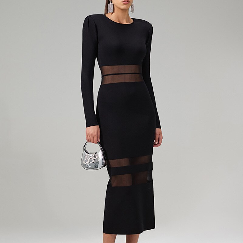 Women Classic Black Long Sheather Mesh Patchwork Dress O-neck See-through Knitted Quality Party Dresses