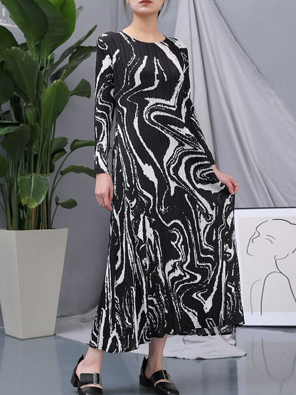 Spring New Pleated Print Dress For Women Zebra Pattern O-neck Long Sleeve Loose Dresses Female Fashion Clothing 15GB48