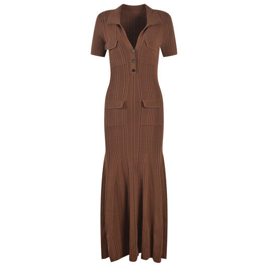 Summer Short Sleeve Maxi Long Brown Knitted Vinatge Women Dress High Quality