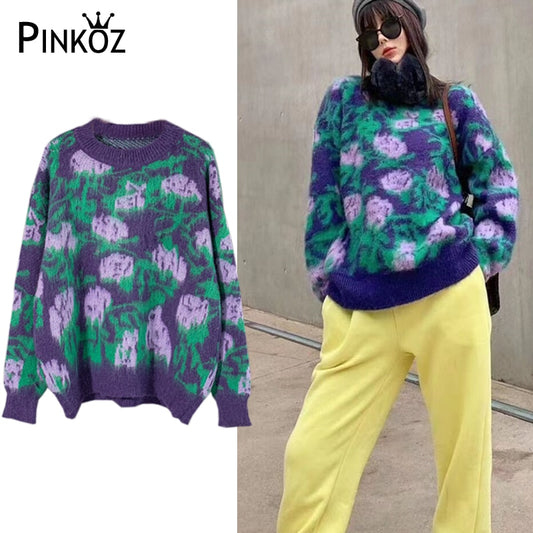 Pinkoz Women's Rhombus Oversized Pullover Autumn New Slim Long Sleeves Elegant O-neck Top Vintage Knitted Sweater Tops