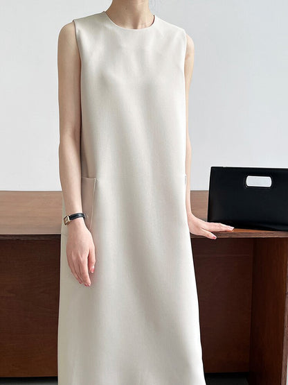 Women Beige Pocket Long Elegant Dress New Round Neck Sleeveless Loose Fit Fashion Tide Spring Summer