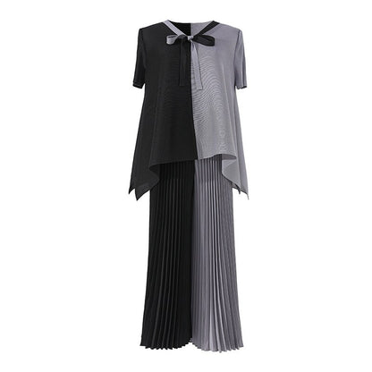 Pleated Suit Women's Fashion Two-piece Summer New Color Bump Loose Large Yard Tops Elastic Waist Wide Leg Pants