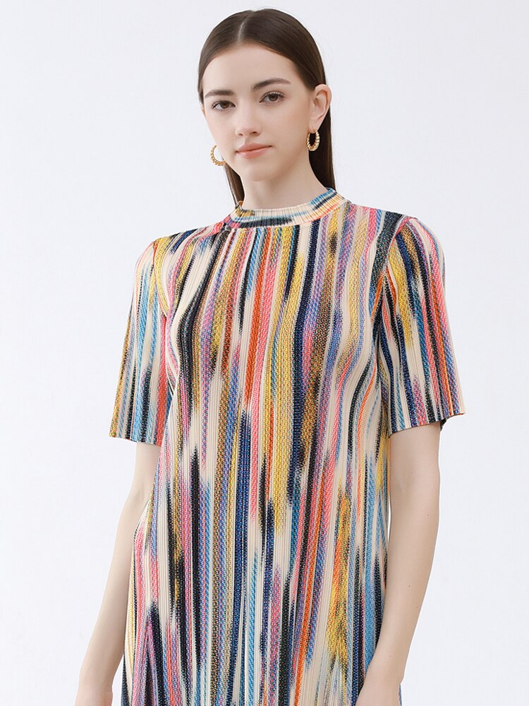 Miyake Pleated Camo Printed Half High Collar Back One Button Short Sleeve Dress Women Korean Casual Long Designer Clothes