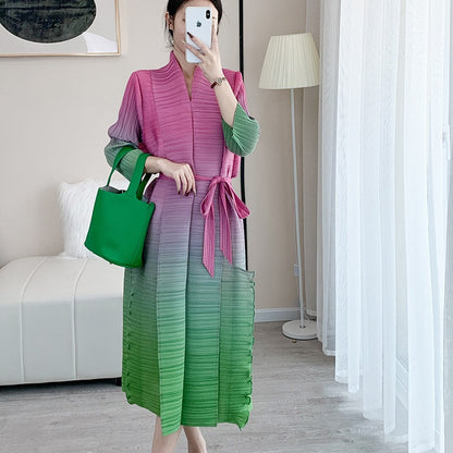 Women Gradient Pleated Dress V Neck Belt Spring Summer New Loose Patchwork Elegant Lady Casual