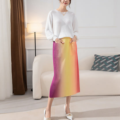 Gradient Printed Skirt For Women High Elastic Waist Contrast Color Spliced Pocket Skirts Female Clothes 2023 New