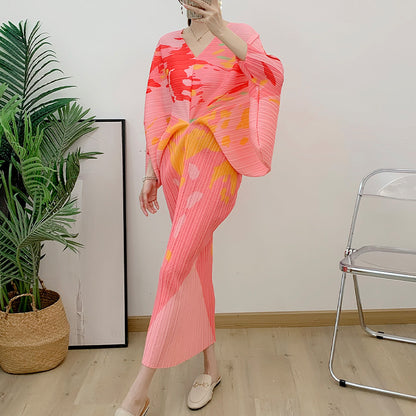 V-neck Bat Sleeve Maxi Pleated Dress Summer New Women's Elegant Retro Style Print Festival Dresses Clothing