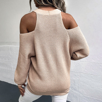 Button Knitwear Autumn and Winter New Sexy Shoulderless Sweater Cardigan Women