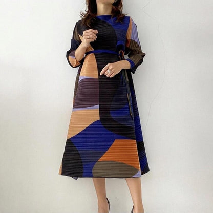 Pleated Dress Women Hit Color Geometric With Belt Sashes Over Size Long Sweet Casual New Spring Fashion Tide Spot