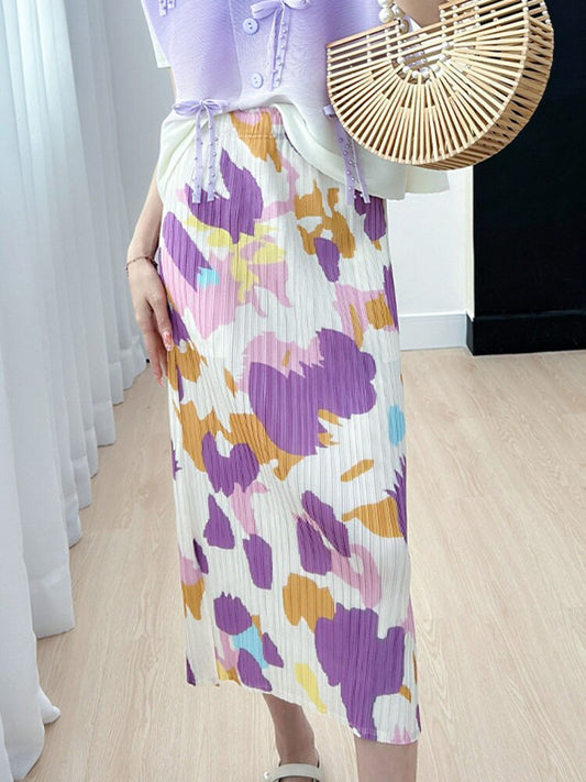 Printing Pleated Skirts For Women Korean Fashion High Waist With Elastic Slit Elegant Midi Skirt