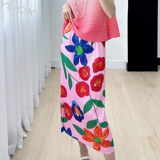 Miyake High-end Print Pink Half-body Skirt  Summer New Slim and Versatile Pleated Open A Word Women's Skirt