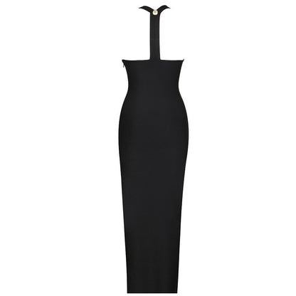 Women Sexy Backless Sleeveless Slim Bandage Dress Rayon Elegant Metal Button Long Quality Party Dress