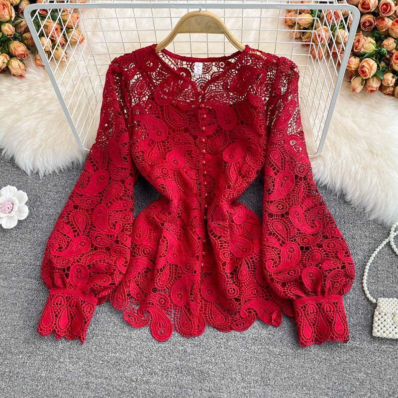 Autumn New Vintage Palace Style Super Fairy Design Round Neck Hollow out Hook Flower Lace Shirt Western Short Top