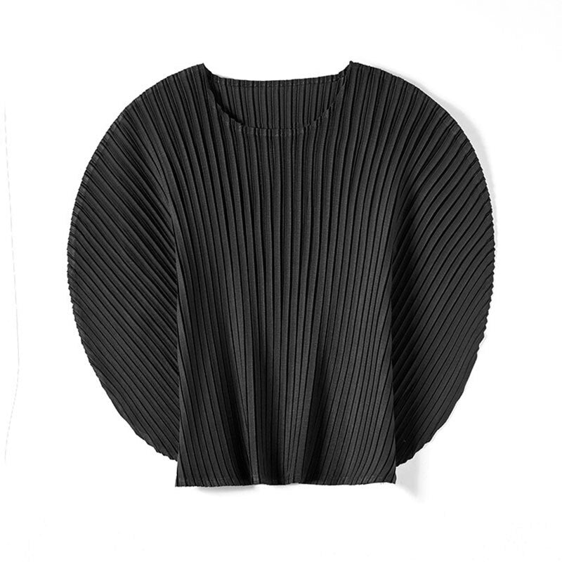 Pleated Two Piece Set For Women Round Collar Batwing Sleeve Solid Color Tops Elastic Waist Skirt