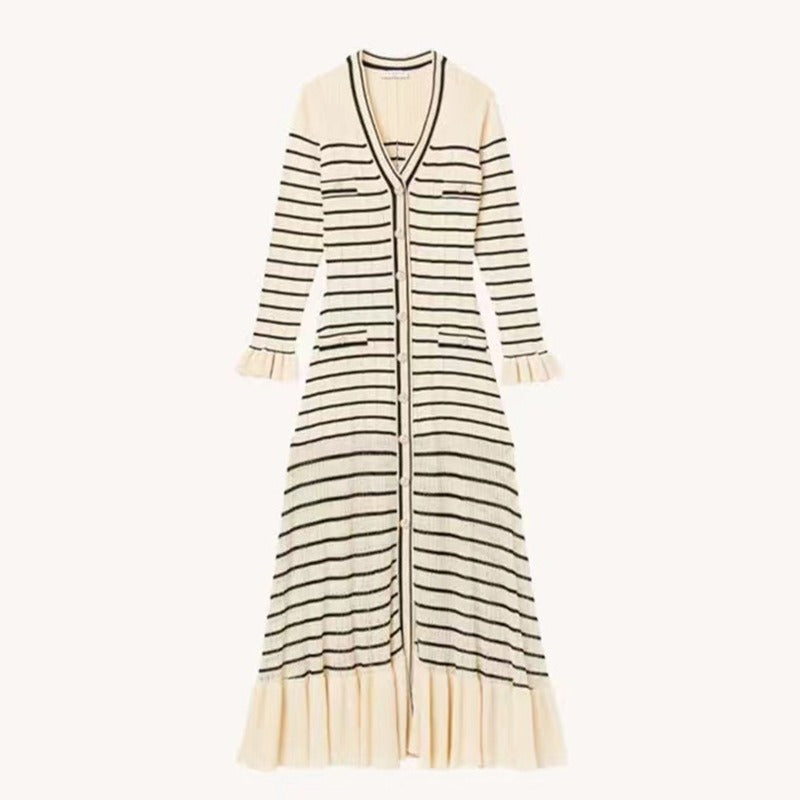 Spring/Summer New French Lazy Stripe Knitted Dress V-Neck Slim Fit Mid length Dress