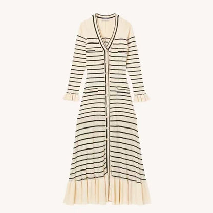 Spring/Summer New French Lazy Stripe Knitted Dress V-Neck Slim Fit Mid length Dress