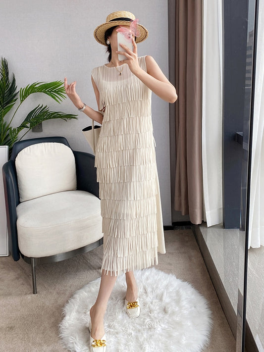 Spliced Tassel O Neck Dress Women Straight Sleeveless Medium Long Spring Summer  New Solid Color Elegant Lady