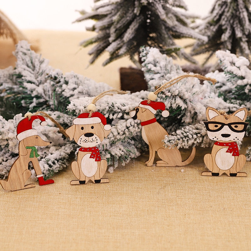 4pcs Creative Red Hat Dog Wooden Craft Christmas Tree Decor Pendant Ornament Merry Christmas Decoration for Home Navidad