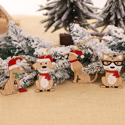 4pcs Creative Red Hat Dog Wooden Craft Christmas Tree Decor Pendant Ornament Merry Christmas Decoration for Home Navidad