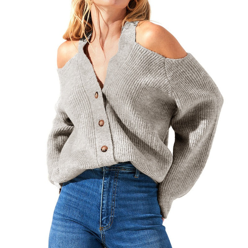 Button Knitwear Autumn and Winter New Sexy Shoulderless Sweater Cardigan Women