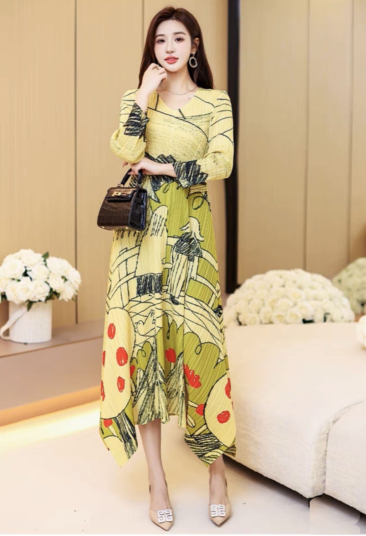 OFF designer aesthetic vintage pring long sleeve maxi dresses women's clothing loose oversized Pleated dress elegant party robe