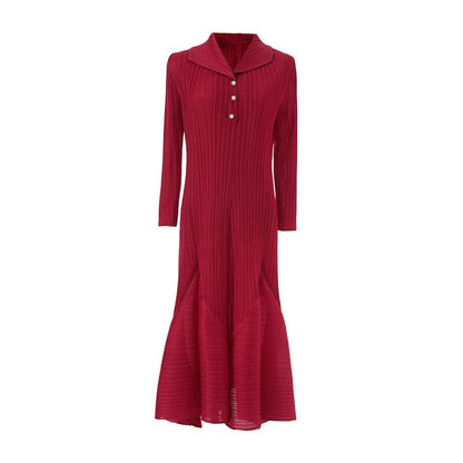 LANMREM Casual Pleated Dress For Women Lapel Long Sleeves Beading A-line Dresses High End Female Clothing  New YAa541