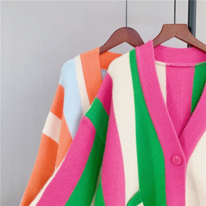 Autumn Color Contrast Vertical Stripe Sweater Coat Women's New Korean Version Loose Slouchy Knitted Cardigan