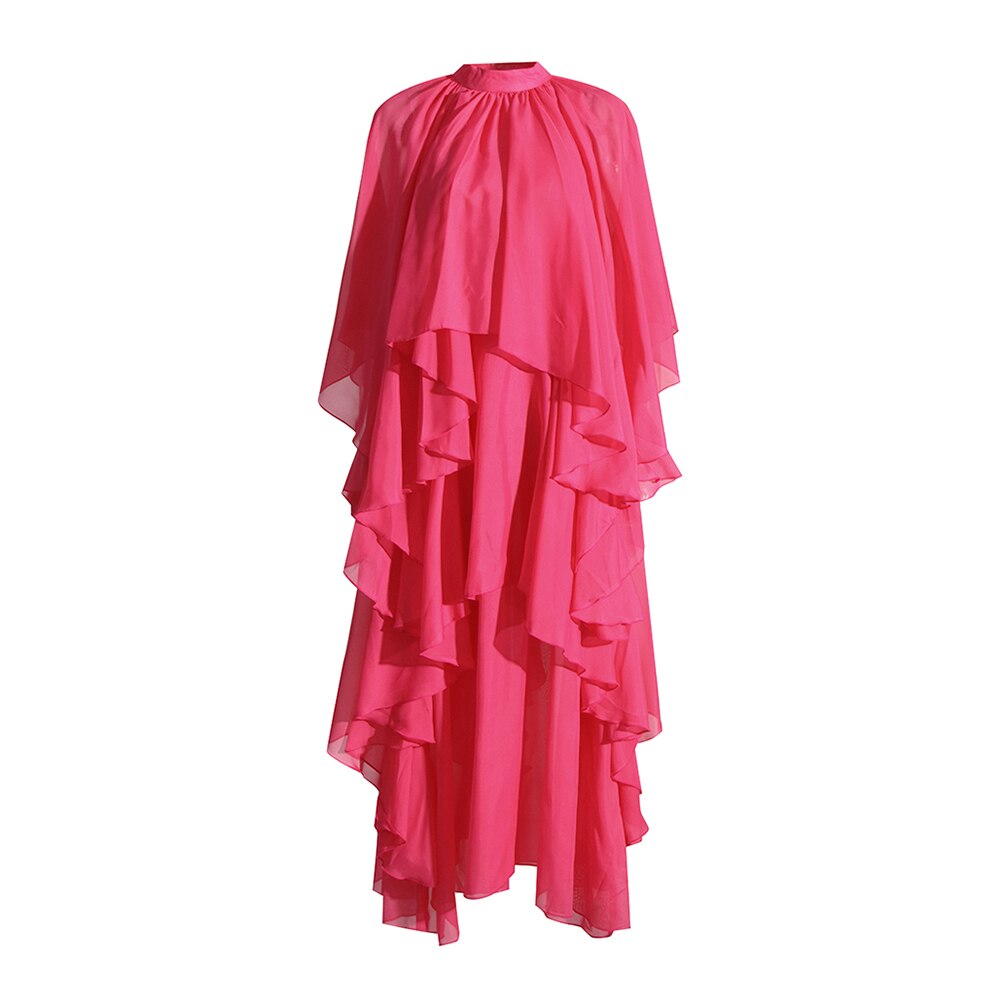 Solid Ruffles Chiffon Dresses For Women Round Neck Short Sleeve High Waist Loose Dress Female Fashion Clothing