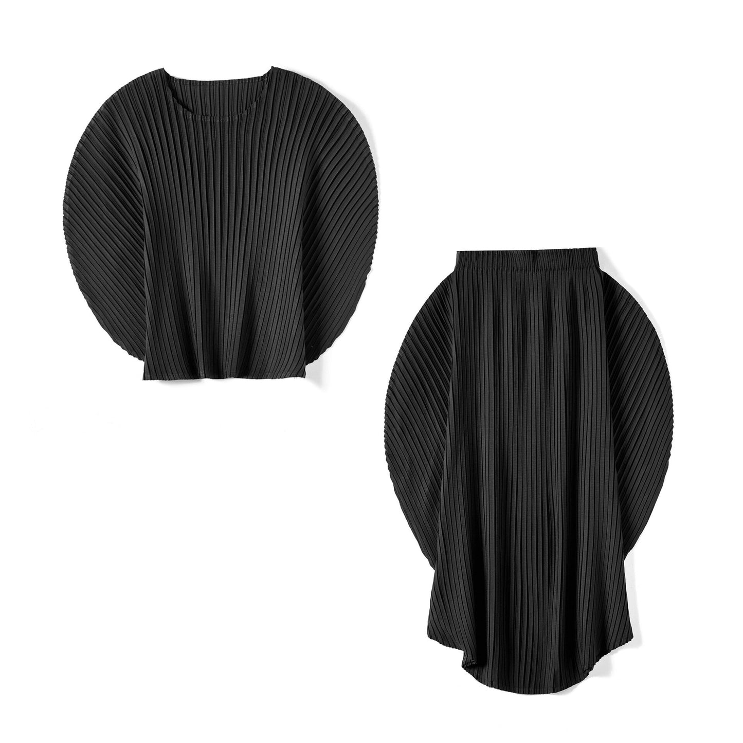 Pleated Two Piece Set For Women Round Collar Batwing Sleeve Solid Color Tops Elastic Waist Skirt