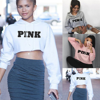 Women Oversized Hoodies Jumper Sweatshirt Female Pink Cropped Top